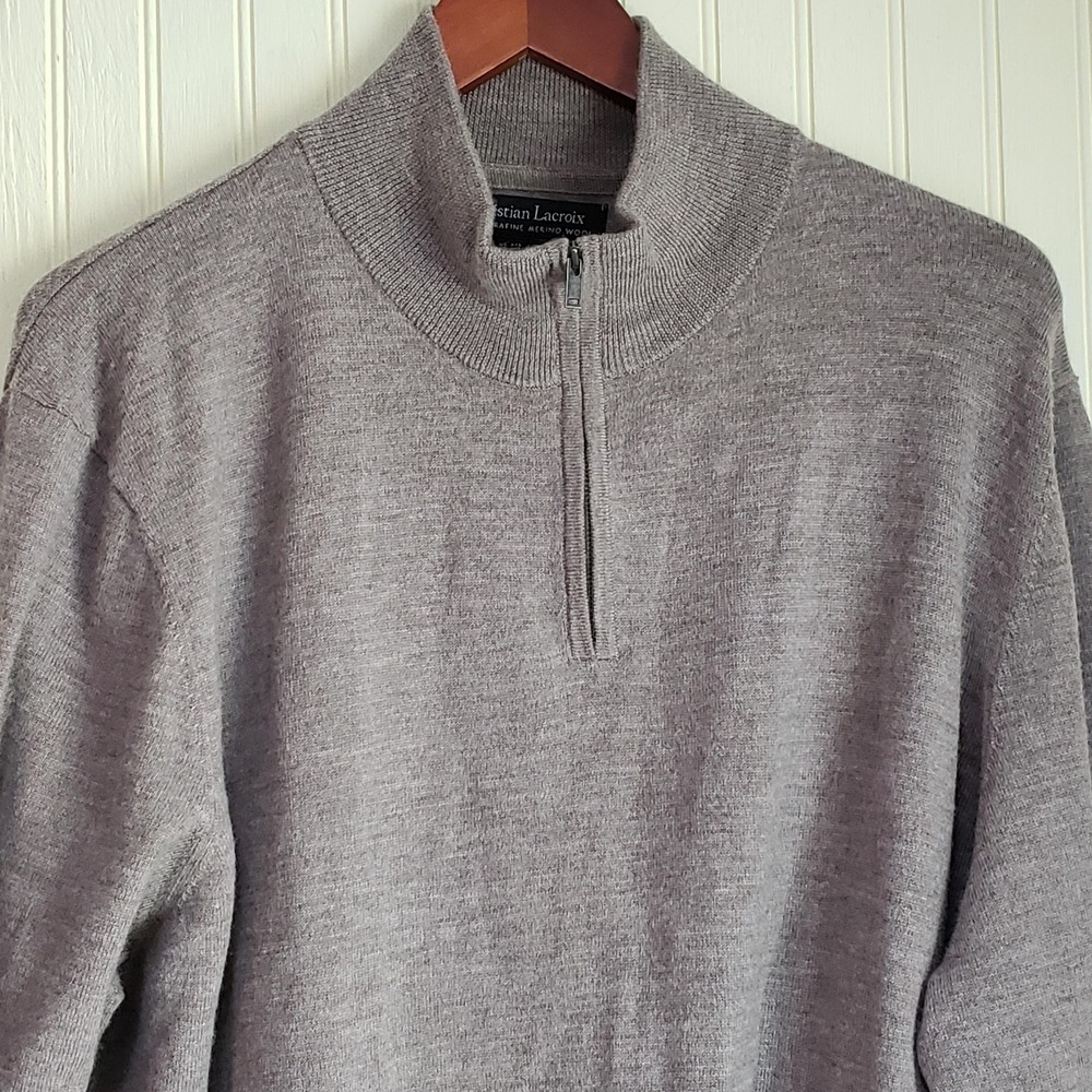 Christian Lacroix Sweater Mens 2XL Gray Merino Wool Quarter Zip Mock Neck Knit